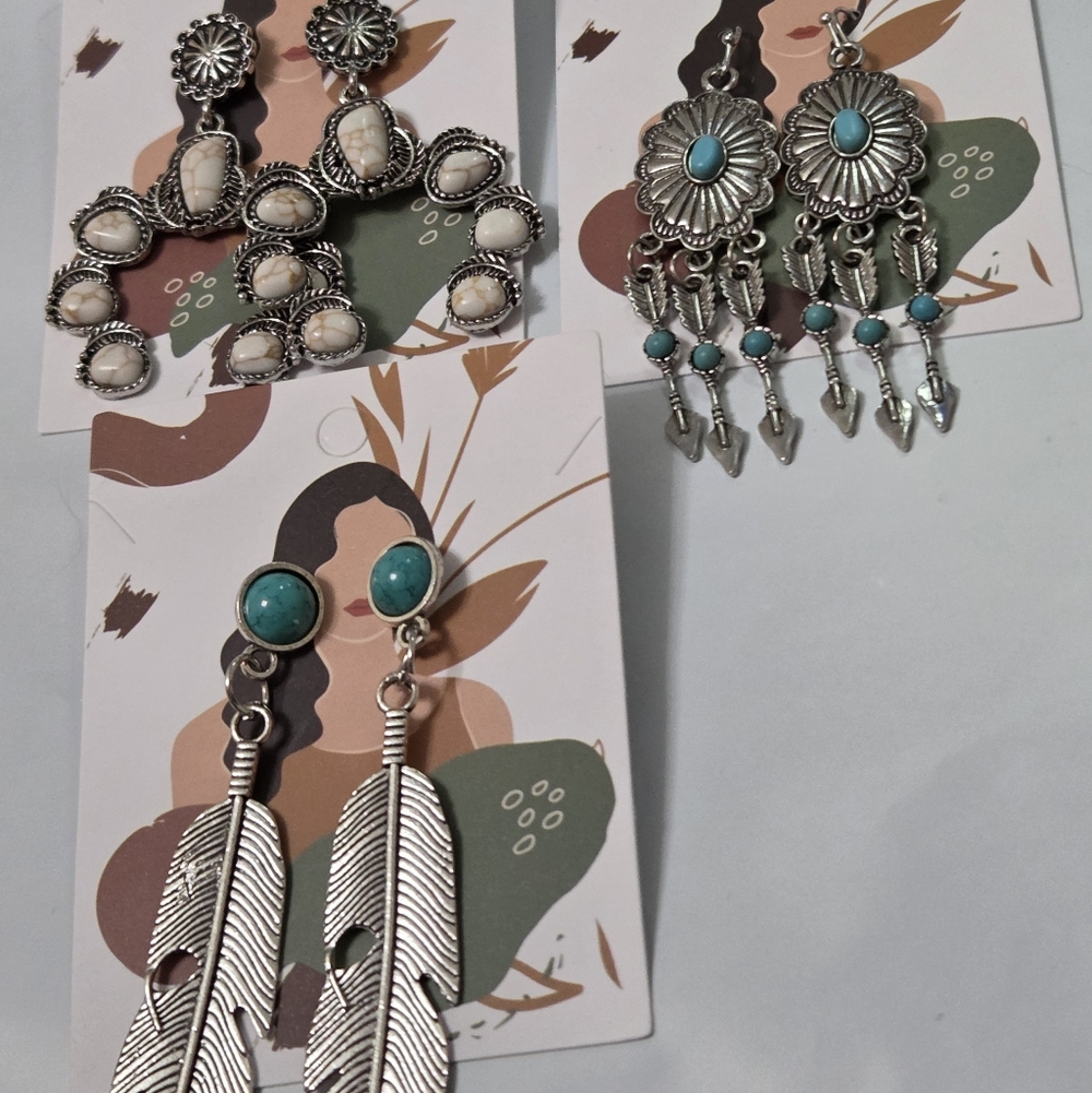 Silvertone And Faux Turquoise Earrings
